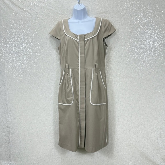 Sandra Darren Taupe Belted Sheath Dress Size 12 | Contrast Trim Office Dress - Picture 9 of 11